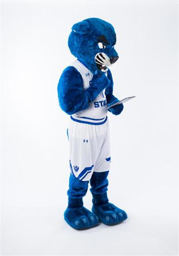 Pounce Mascot looking at a tablet